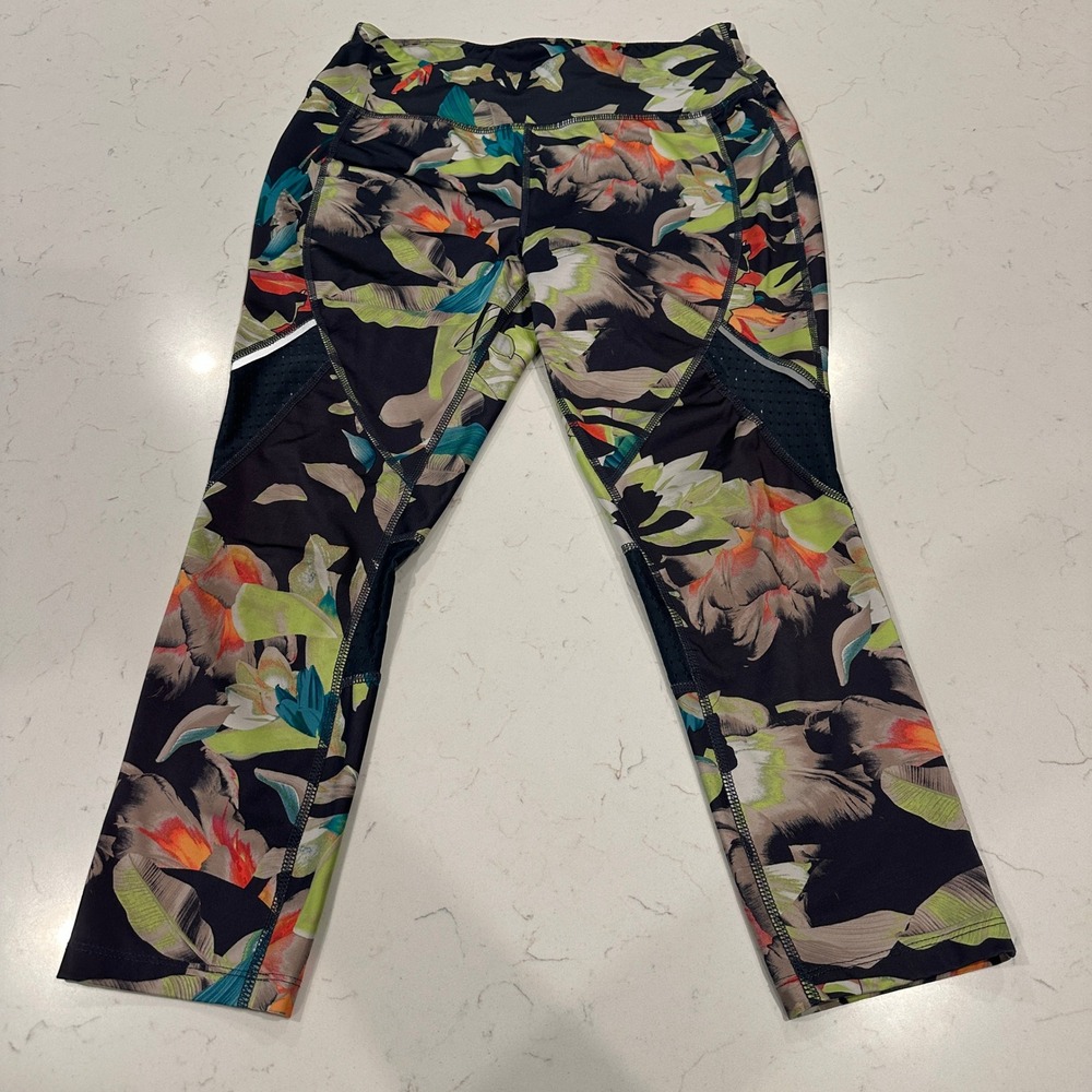 Avia Womens Tropical Floral Mesh Panel Cropped Leggings Workout Yoga Pants Small